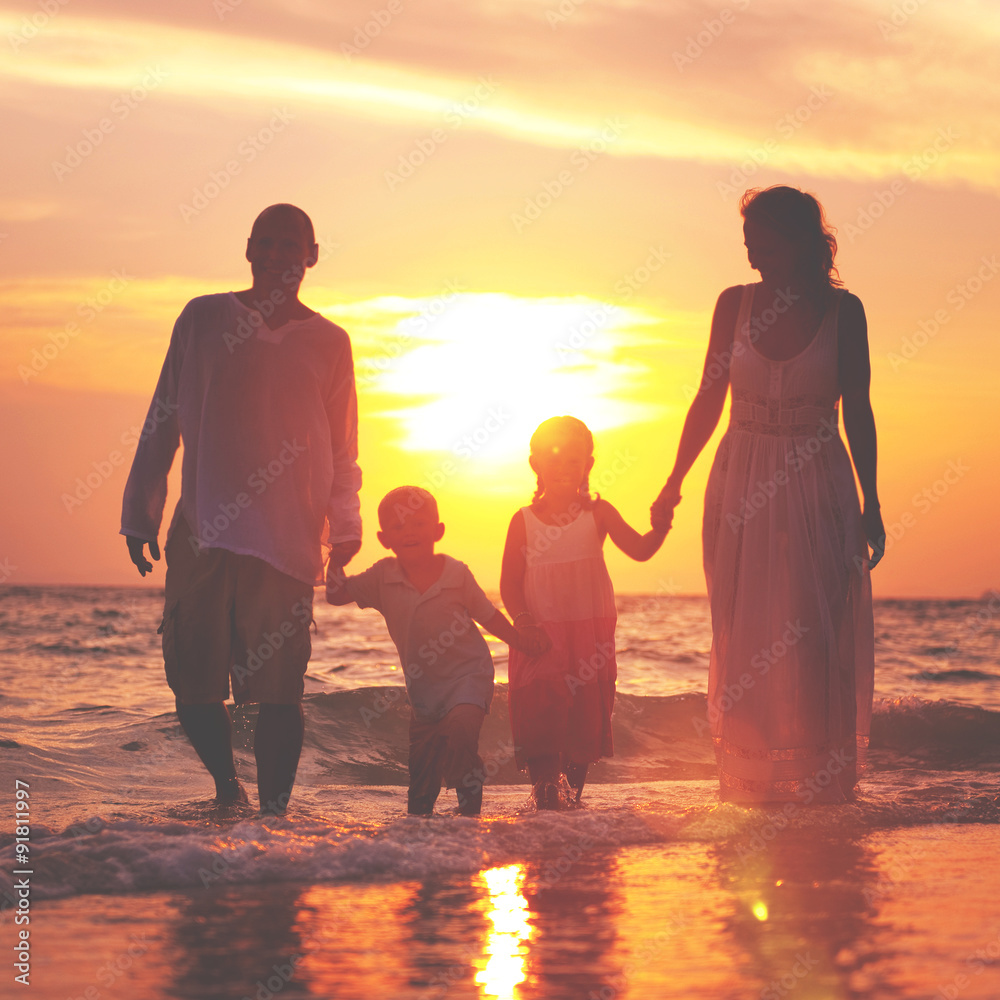 Family Walking Beach Sunset Travel Holiday Concept