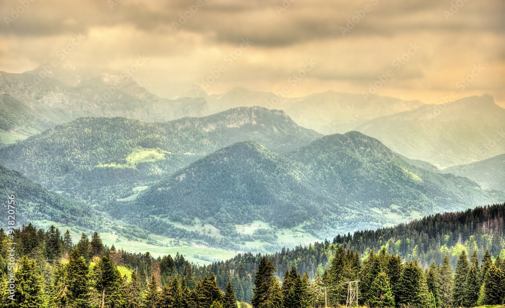 View of French Alps with mountains Julioz and Trelod