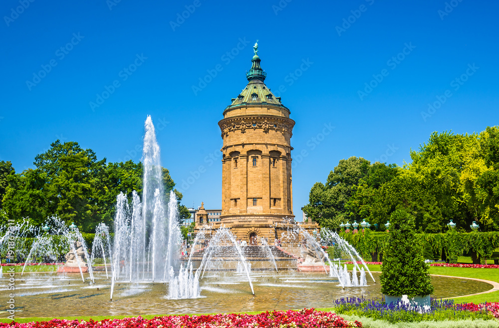 Fountain and Water Tower on Friedrichsplatz square in Mannheim -