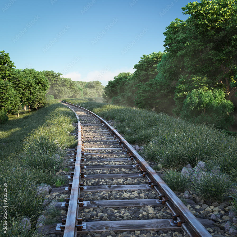 Railway track crossing rural landscape. Travel concept