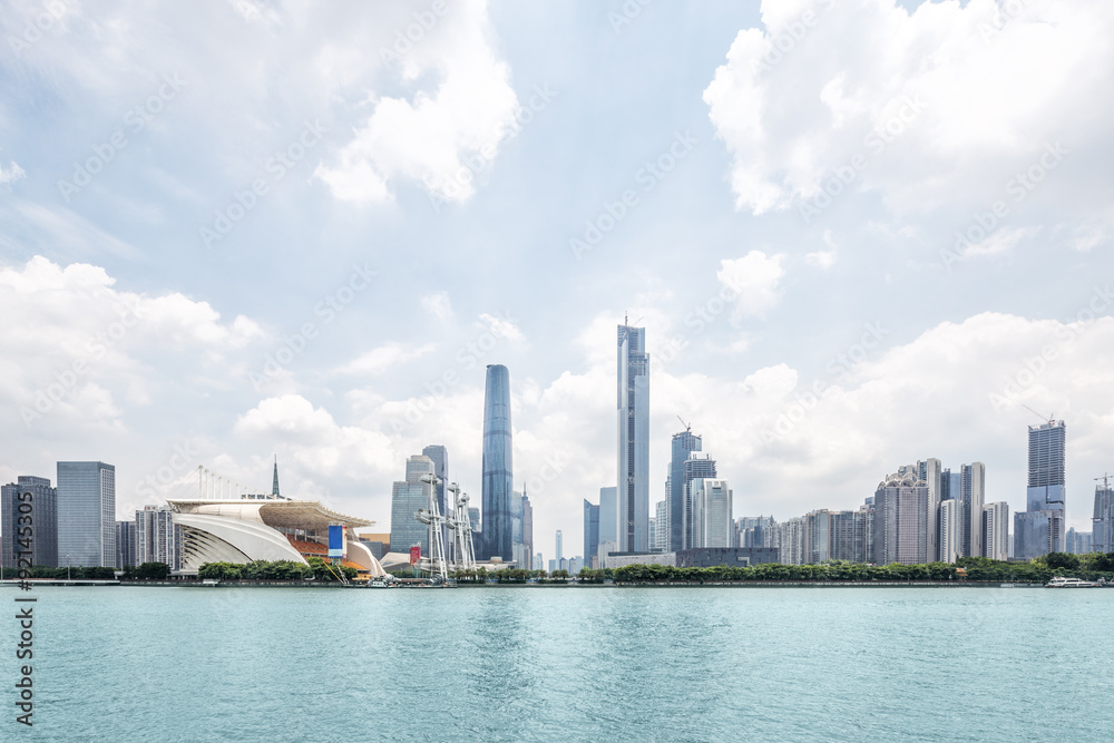 blue seawater and skyscrapers