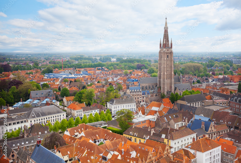 Cityscape with church of Our Lady Bruges top view