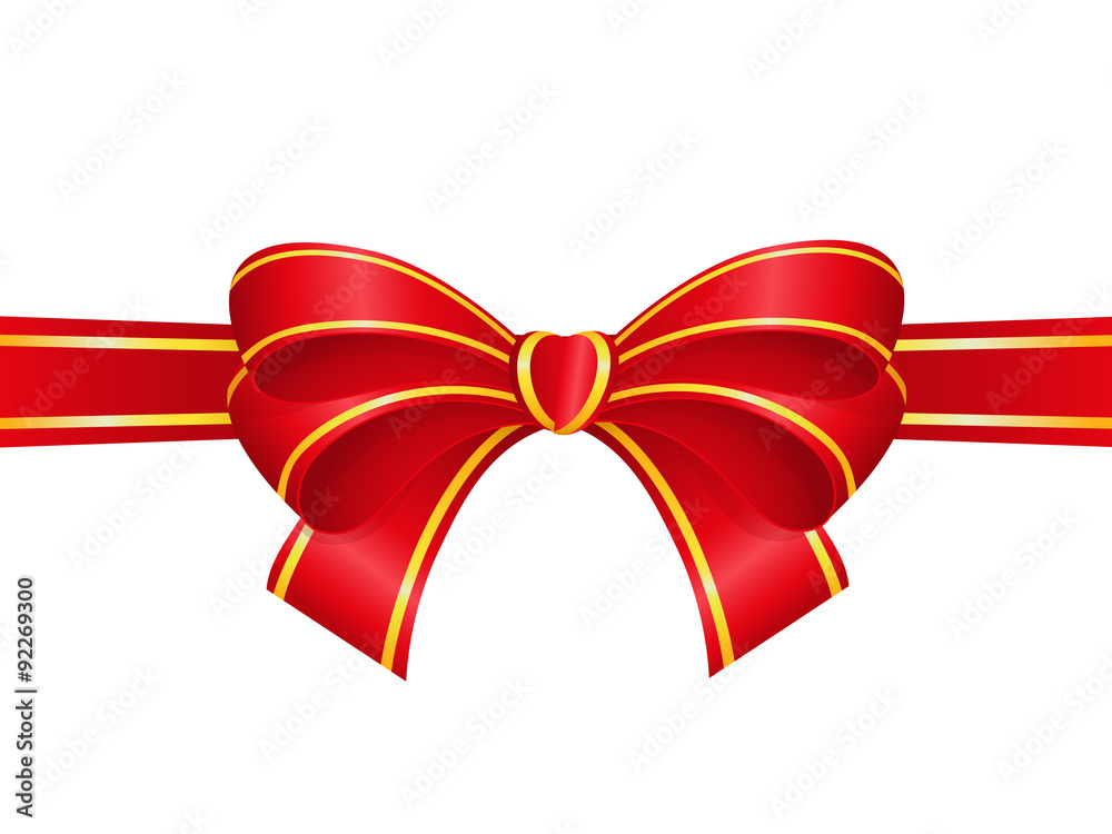 red bow with gold stamping on a white background