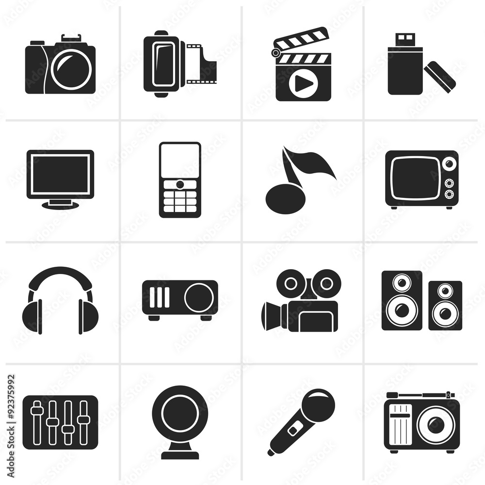 Black multimedia and technology icons - vector icon set