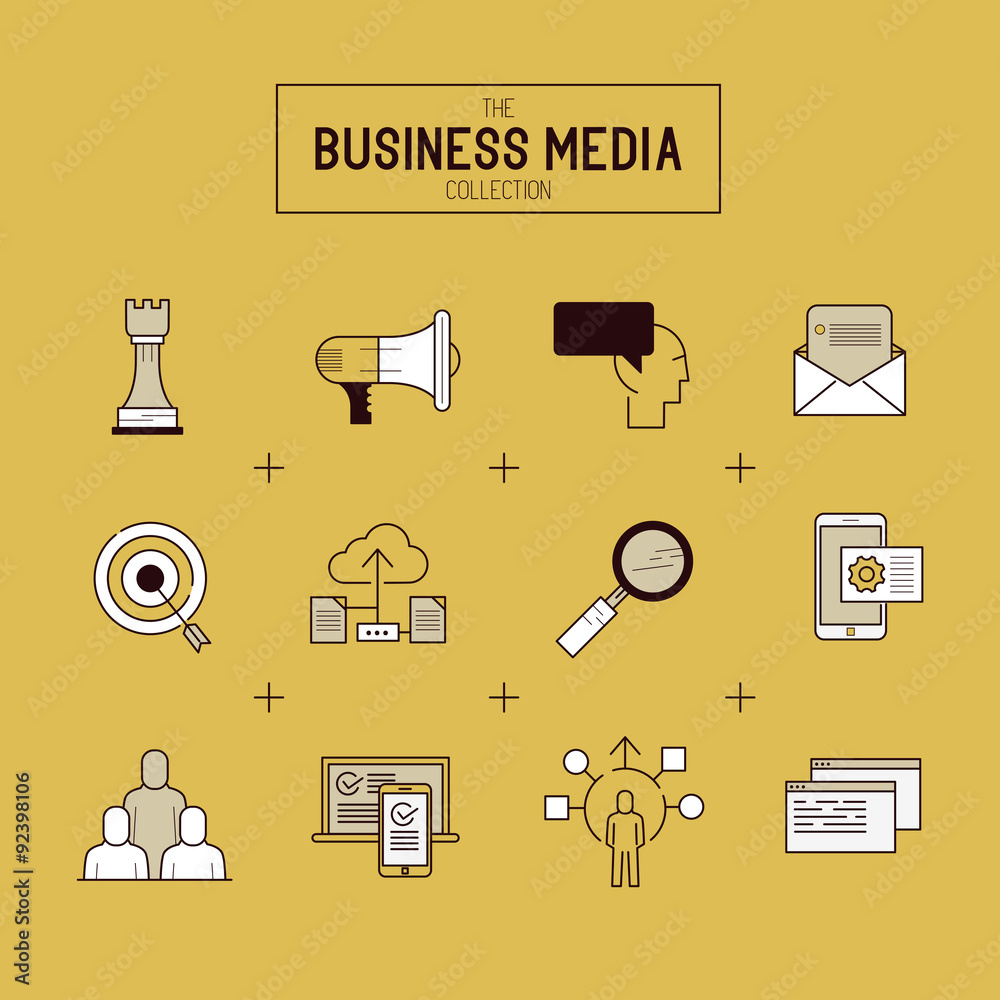 Business Vector Icon Set. A collection of gold business themed line icons including tools, technolog