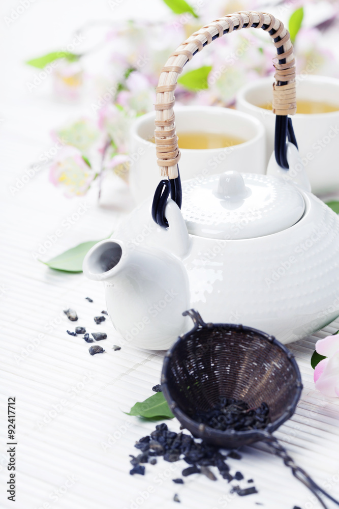 Chinese Tea Set and pink sakura blossom