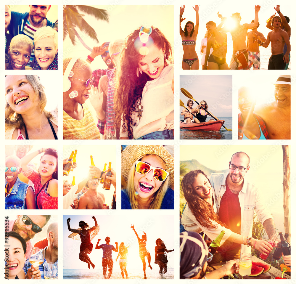 Collage Diverse Faces Summer Beach人的概念