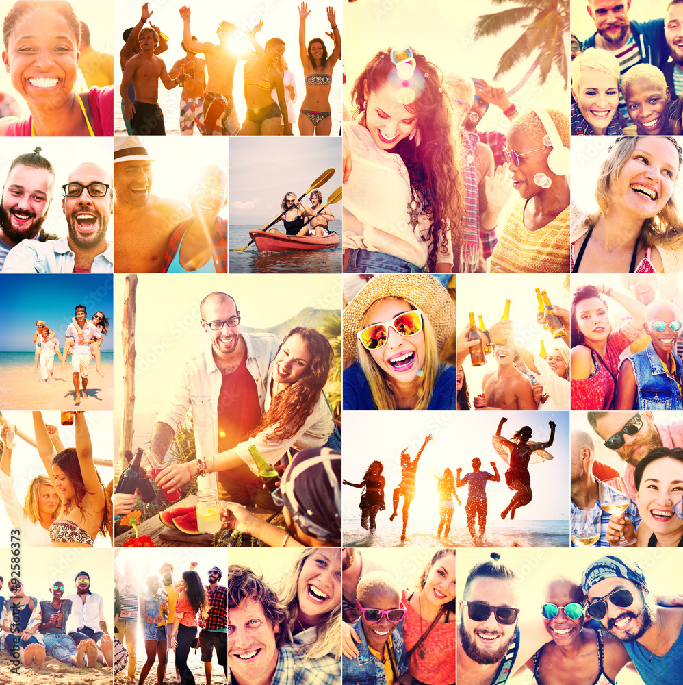 Collage Diverse Faces Summer Beach人的概念