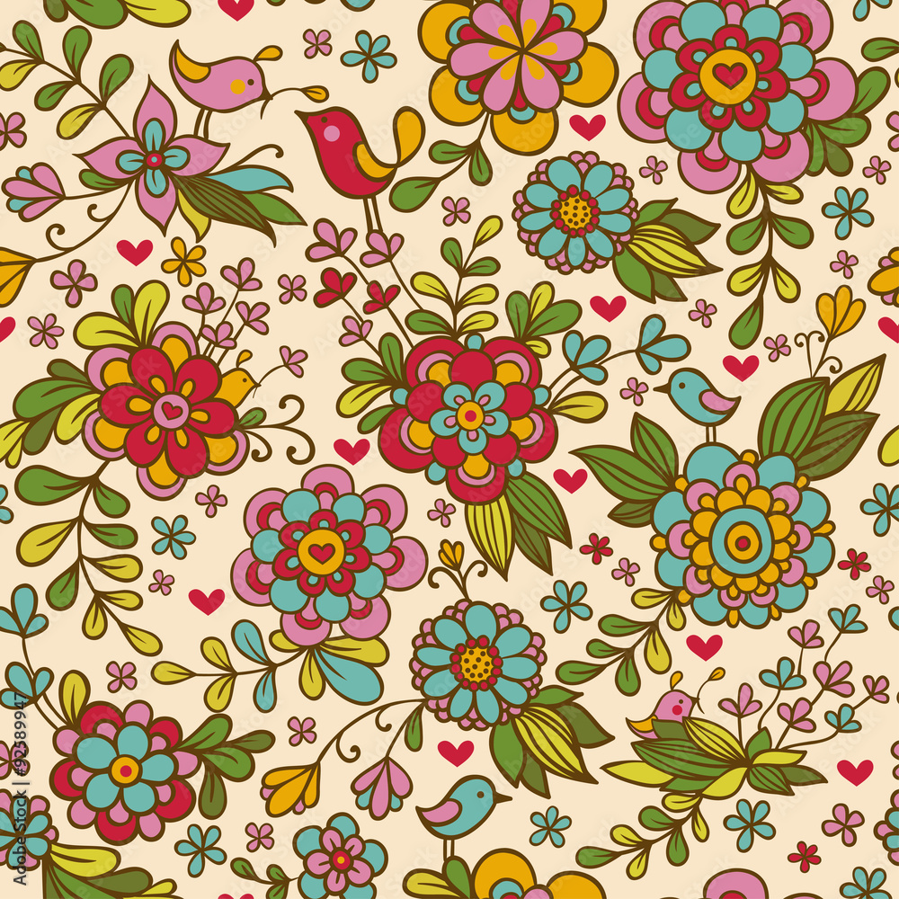 Seamless texture with flowers and birds.