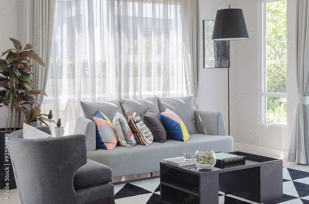 colorful pillows on modern grey sofa in living room