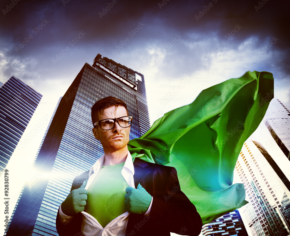 Superhero Businessman Strength Cityscape Leader Concept