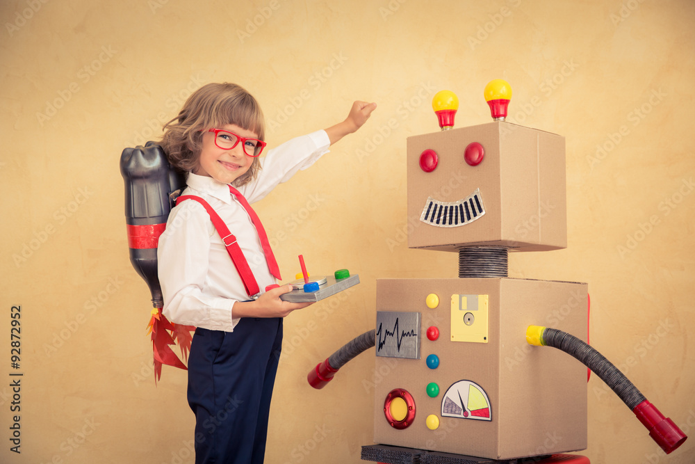 Young businessman with robot