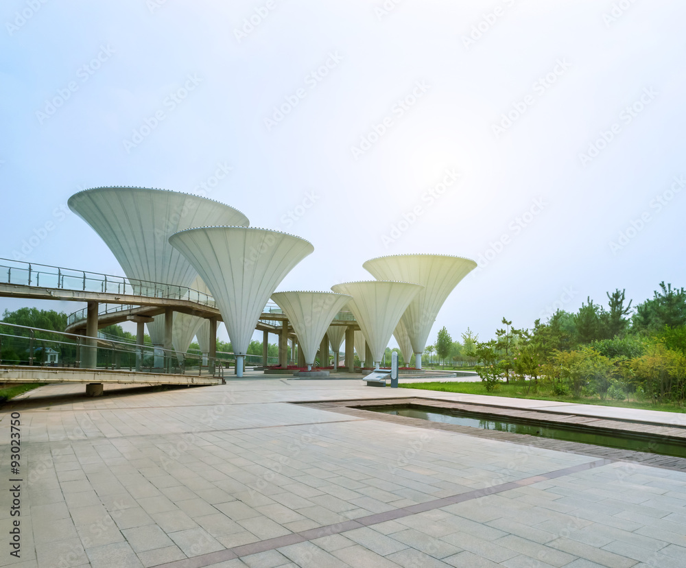 a modern square with mushroom shaped lamp