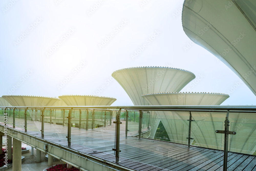 platform bridge and mushroom shaped lamps