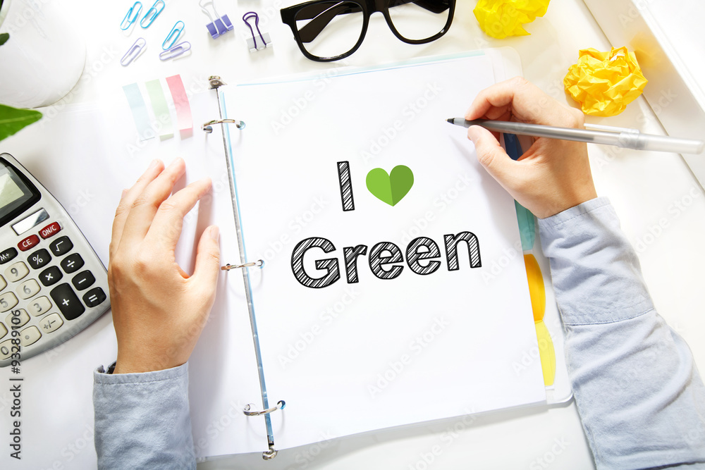  Person drawing I Love Green concept on white paper