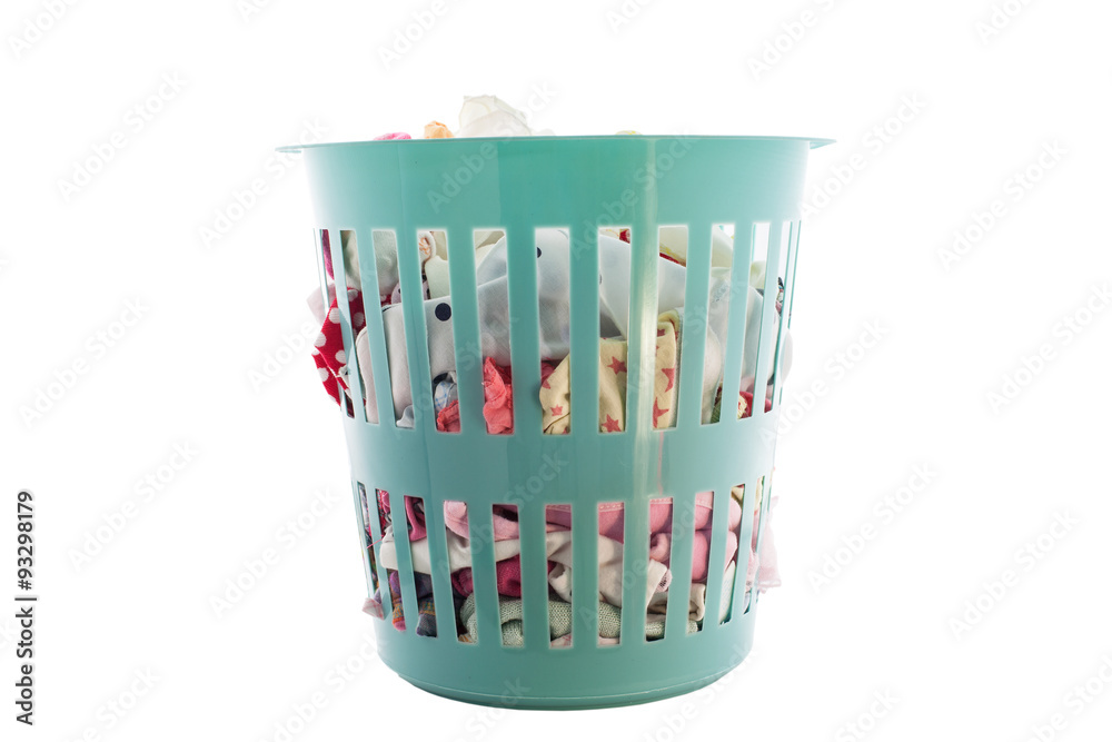 Green laundry basket full of  clothes  on white background , wit