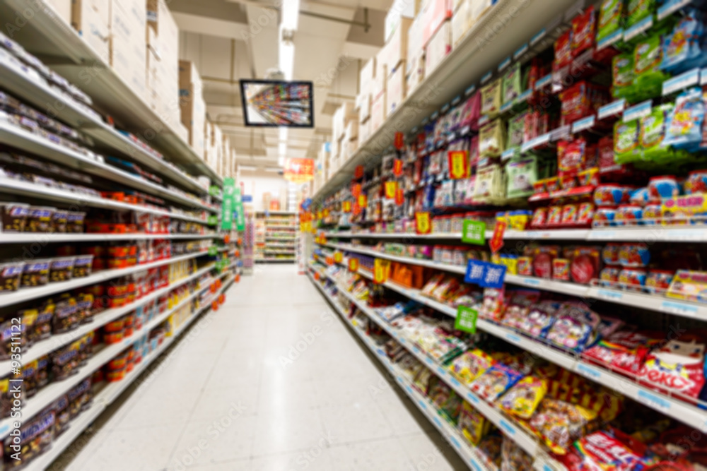 supermarket aisle,  fuzzy background。