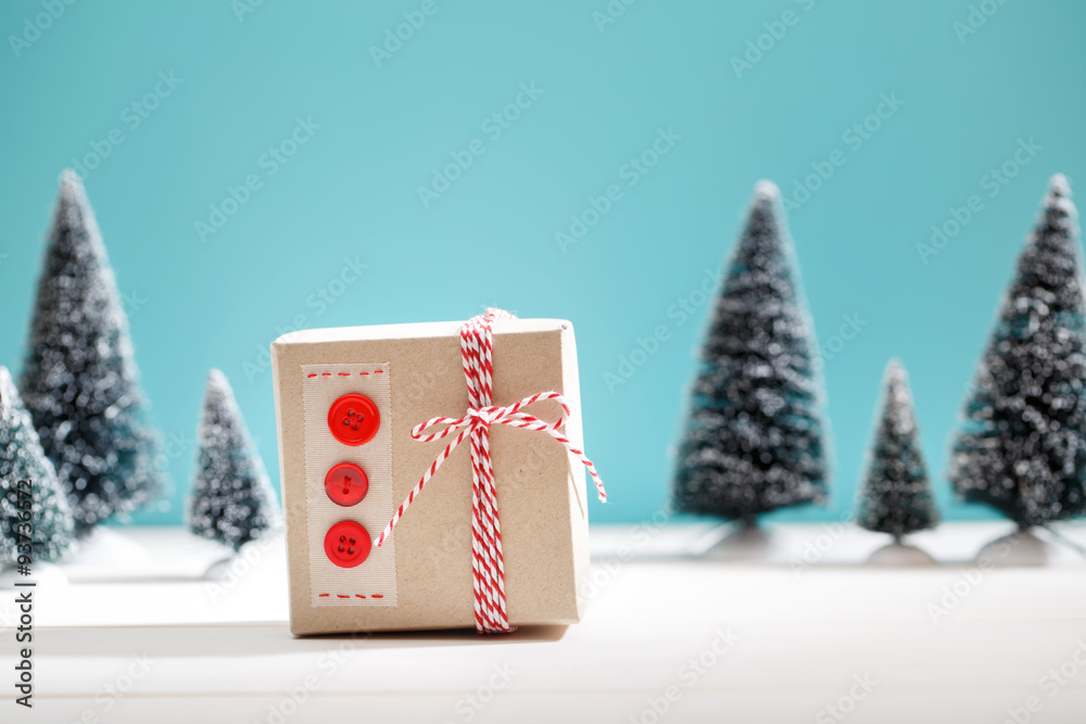 Handmade gift box in miniature evergreen forest