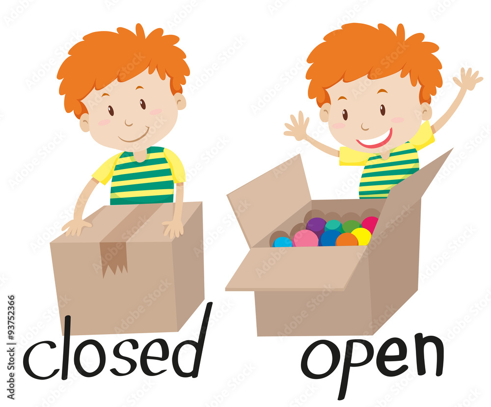 Opposite adjective closed and opened