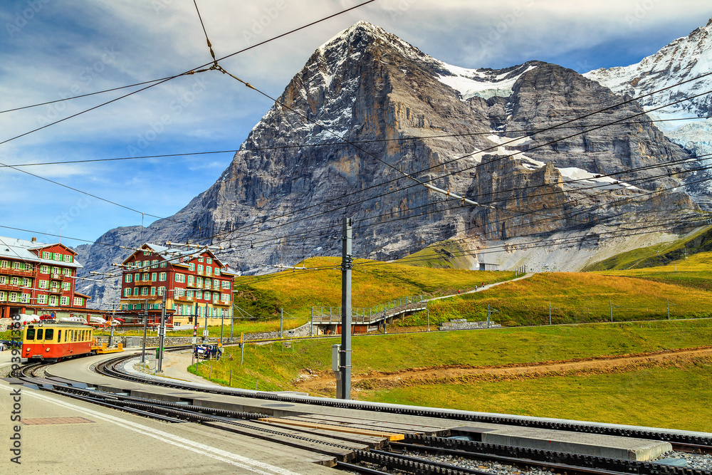 Electric tourist train and Eiger North face,Bernese Oberland,Switzerland