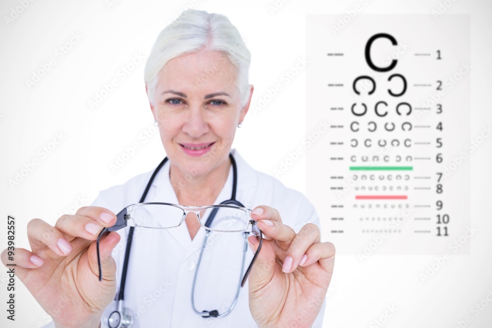 Composite image of female optician presenting eye glasses