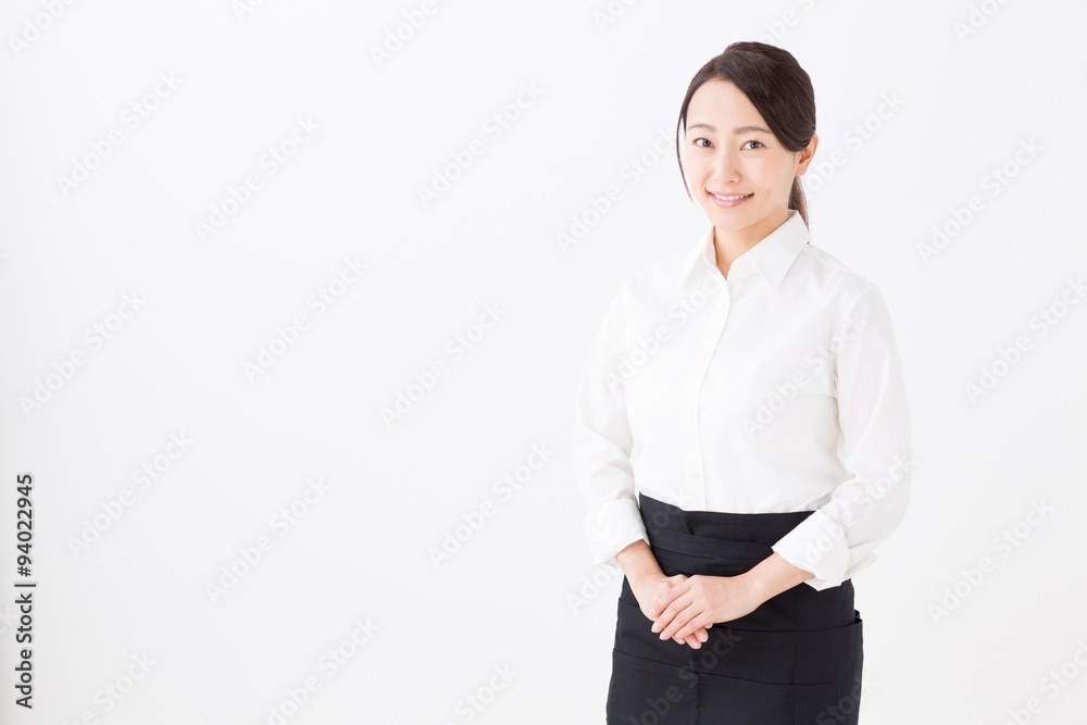 portrait of asian waitress on white background