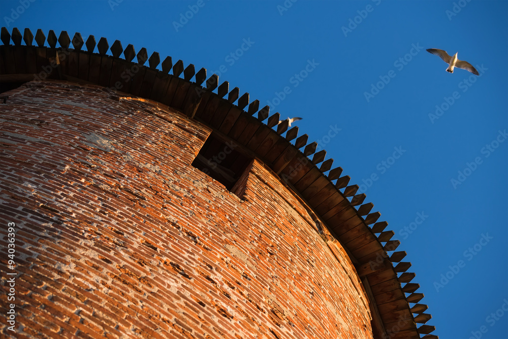 Anceint brick Kremlin tower, view from the bottom, Nizhniy