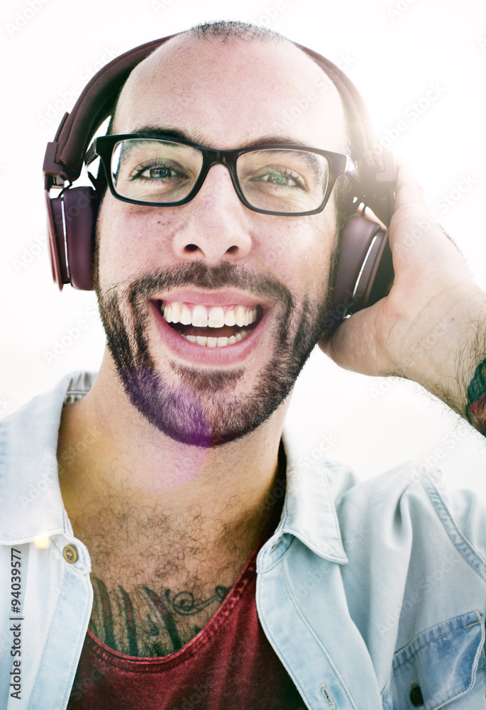 Man Headphones Listening Music Happiness Concept