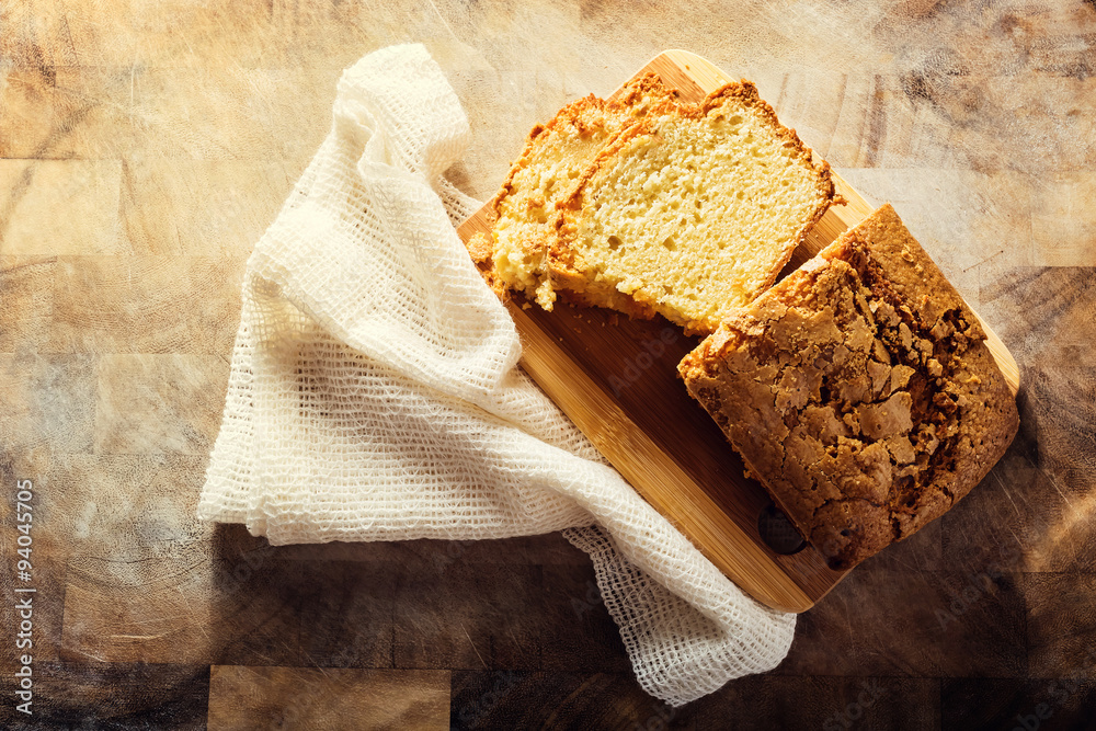 Homemade pound cake on a wooden table