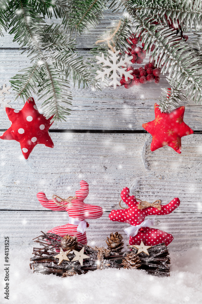 Christmas still life decoration with wooden background