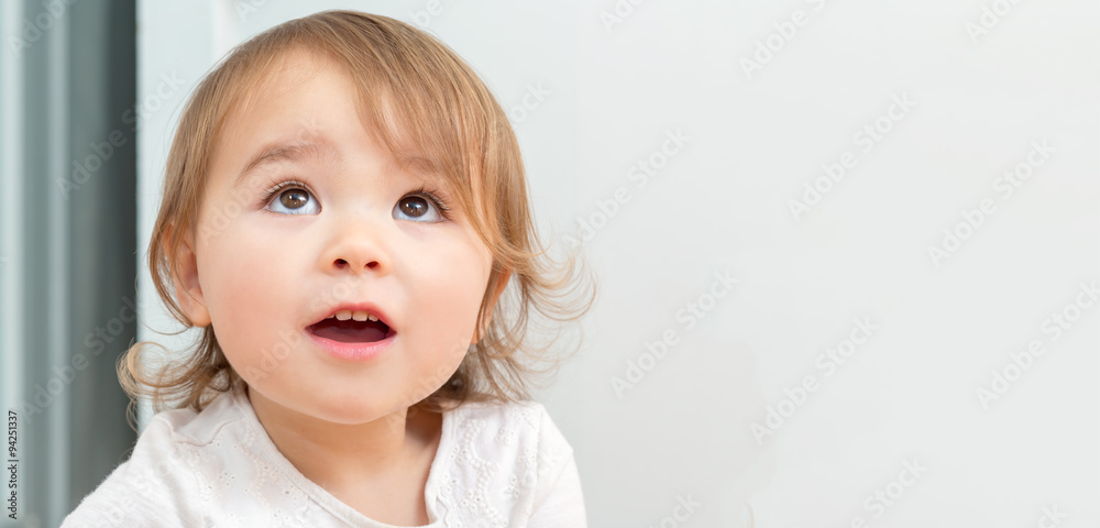 Wide portrait of a happy toddler girl inside