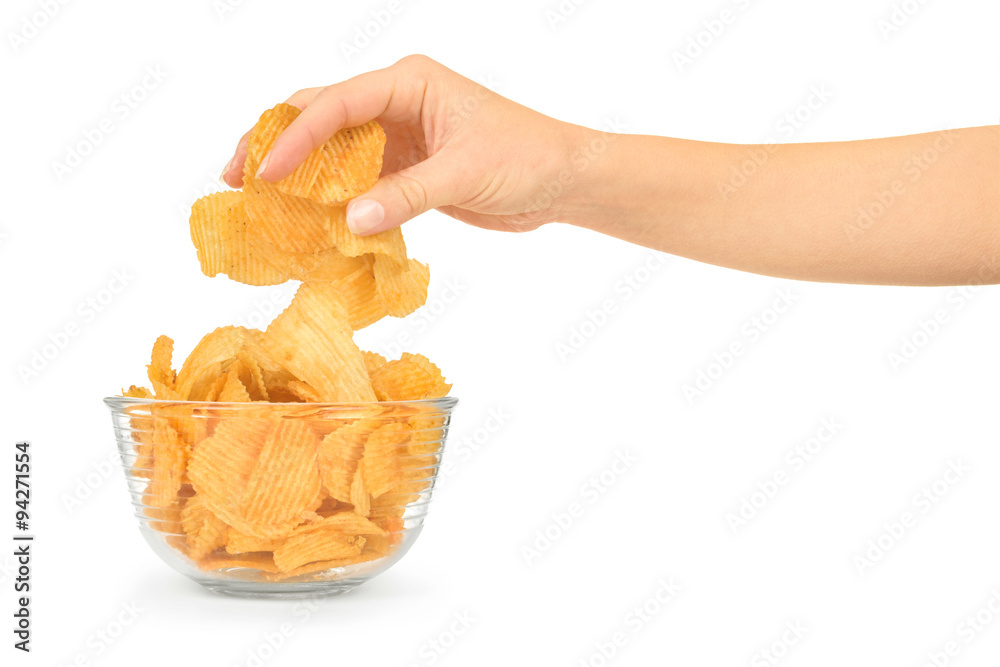 Hand with potato chips and bowl on white background