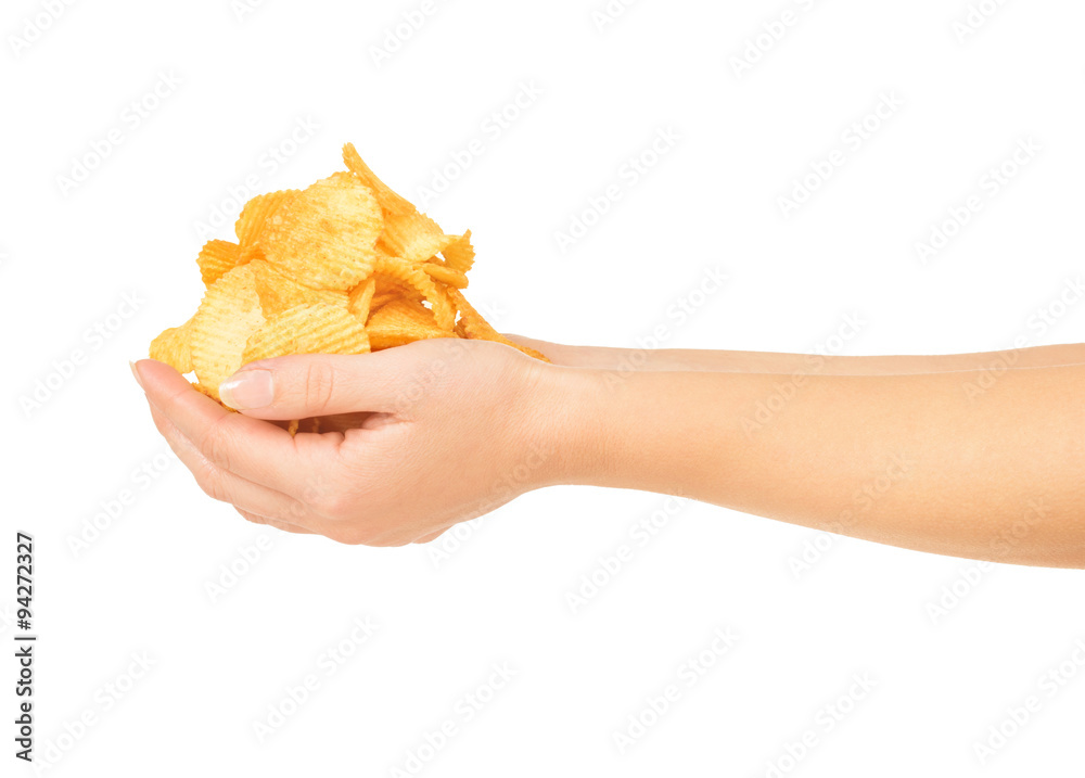 Female hands with chips isolated on white