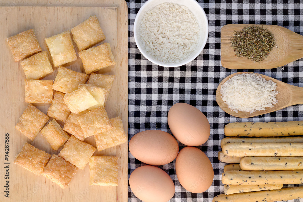 hipster style bread and snack with eggs on black and white table