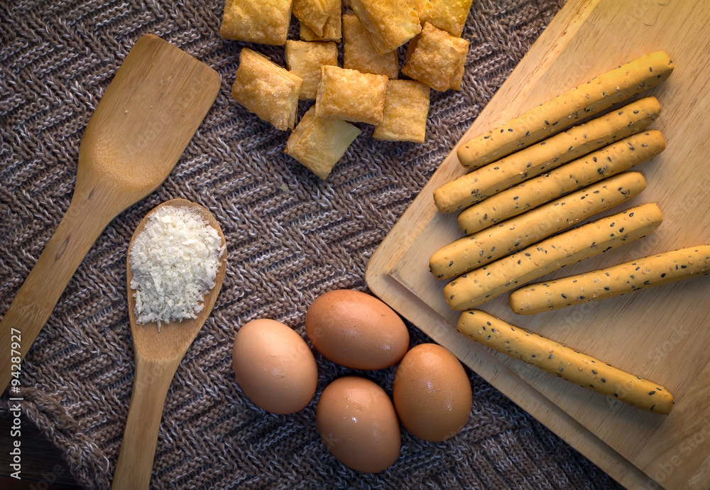 Fresh baked homemade grissini bread sticks and  crispy pie