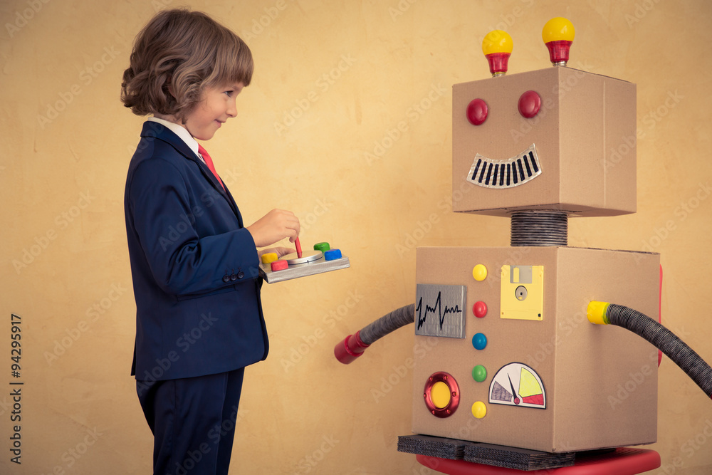 Young businessman with robot