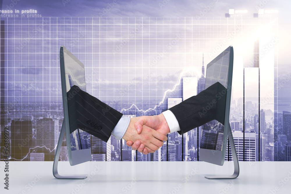 Handshake of two monitors via the Internet, business concept