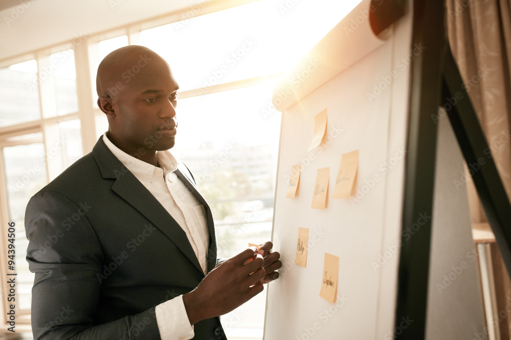 Business executive presenting his ideas on white board