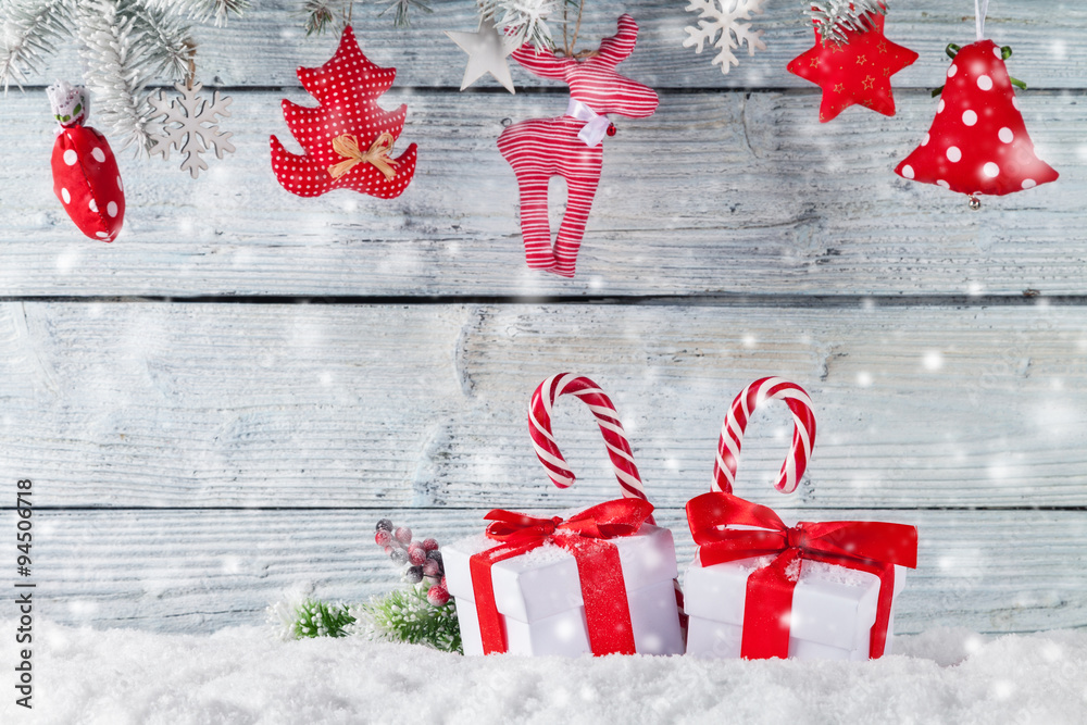 Christmas still life decoration with wooden background