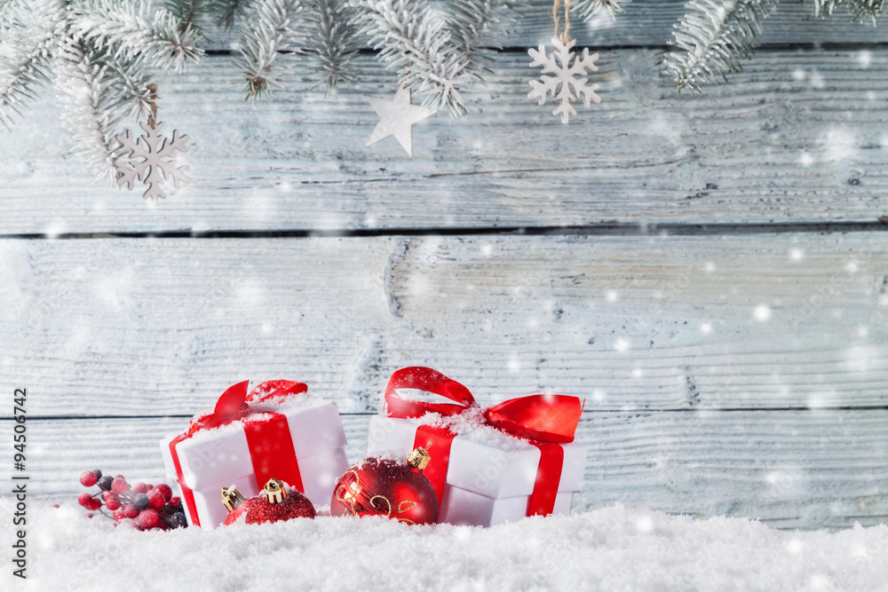 Christmas still life decoration with wooden background