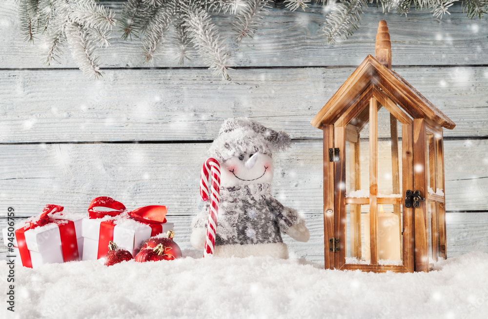 Christmas still life decoration with wooden background