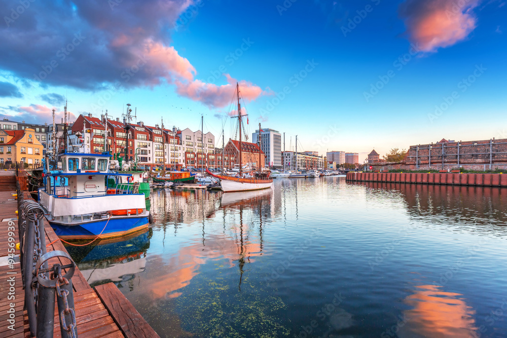 Harbor at Motlawa river with old town of Gdansk in Poland