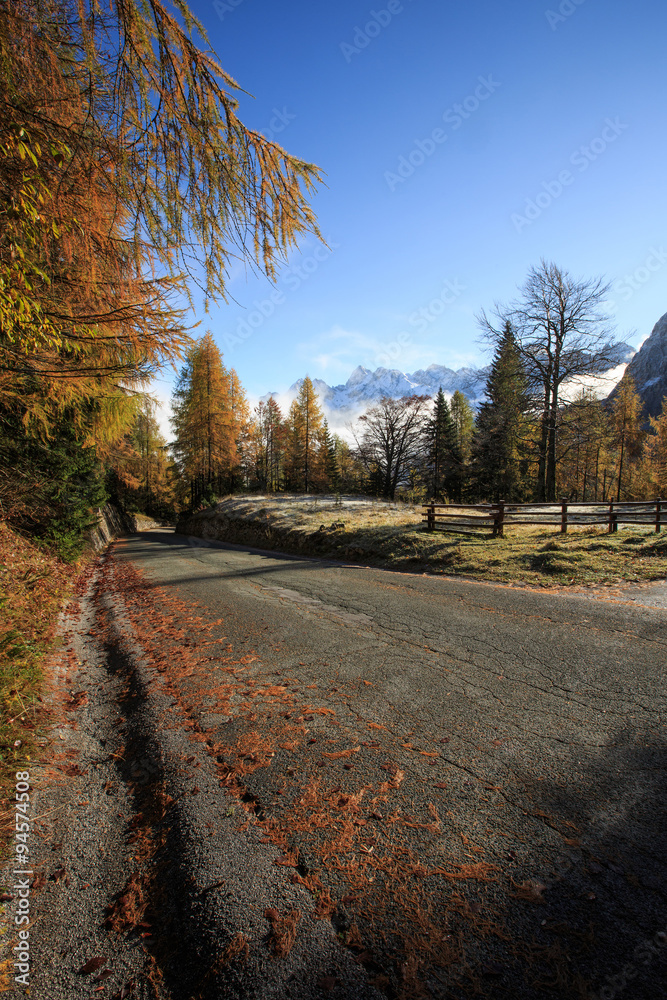 高山牧场晨霜，道路荒凉