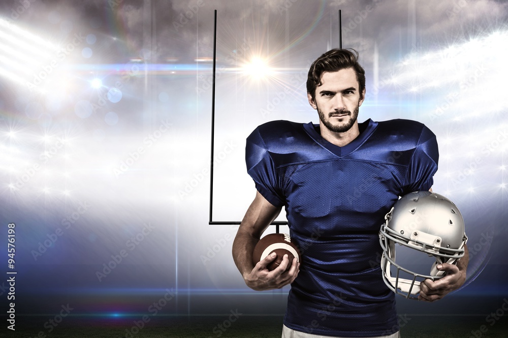 Composite image of american football player holding helmet and ball