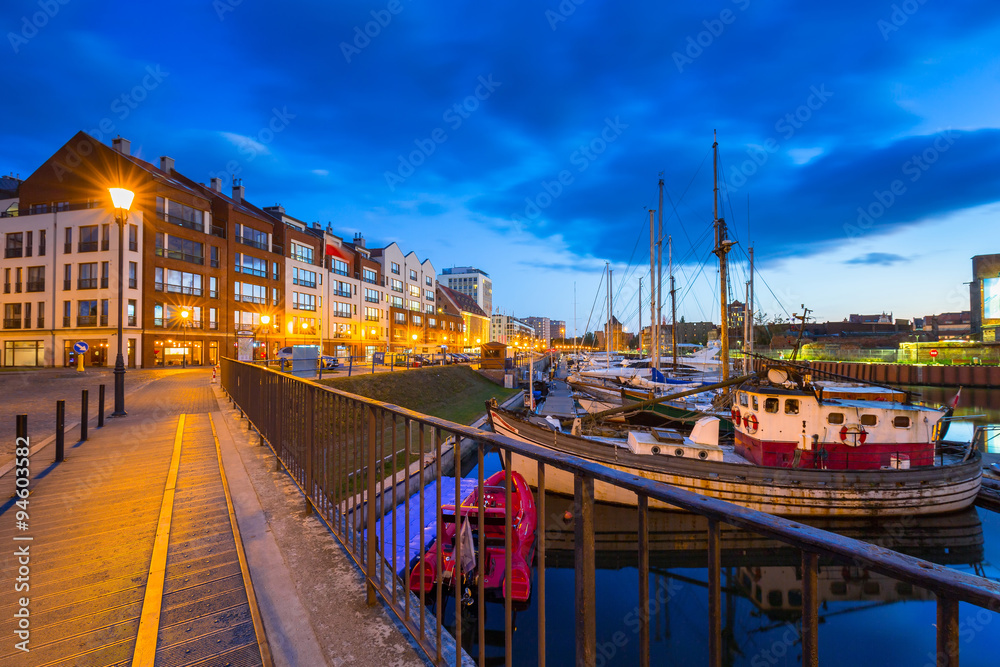 Motlawa river marina in Gdansk at dusk, Poland