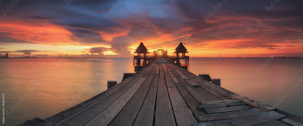 Landscape of Wooded bridge in the Thai temple