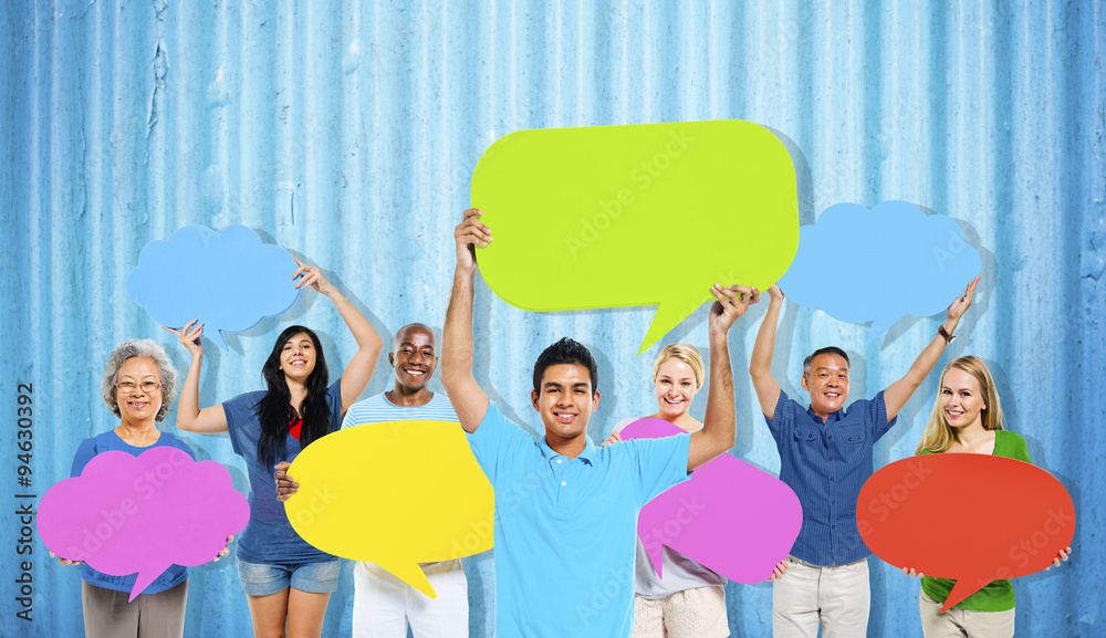 Diversity People Holding Colorful Speech Bubbles Concept