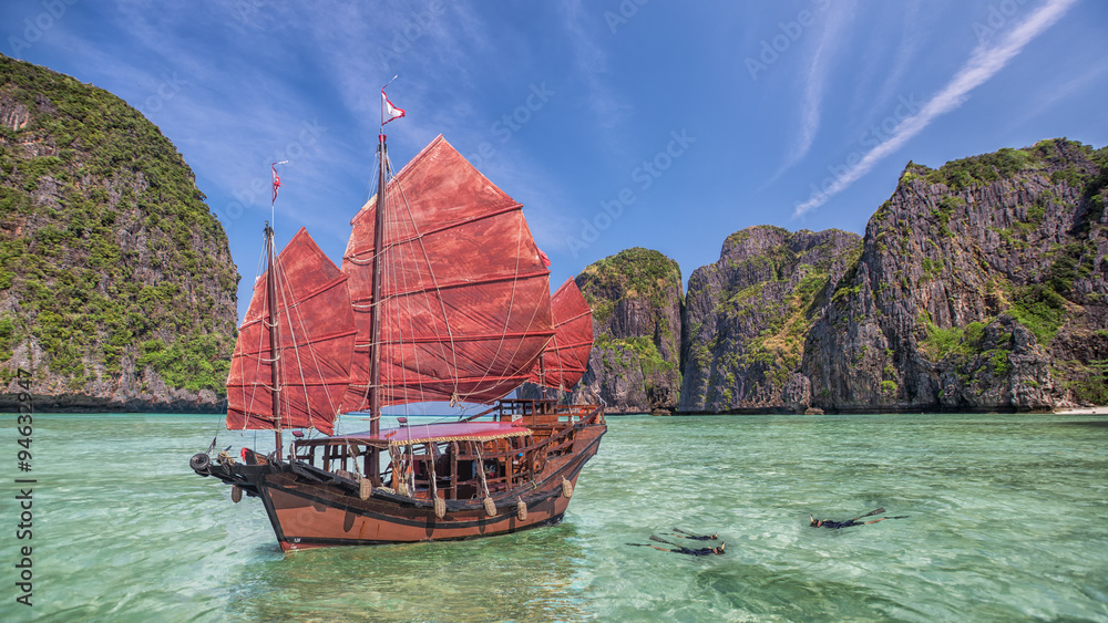 Maya beach with original chinese boat near phuket