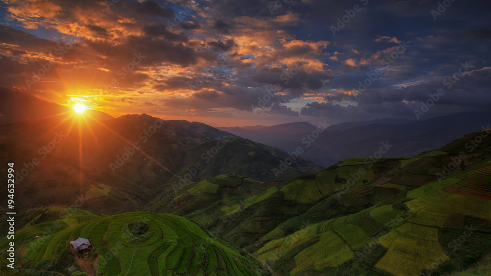 Rice fields on terraced in rainny season at Mu cang chai