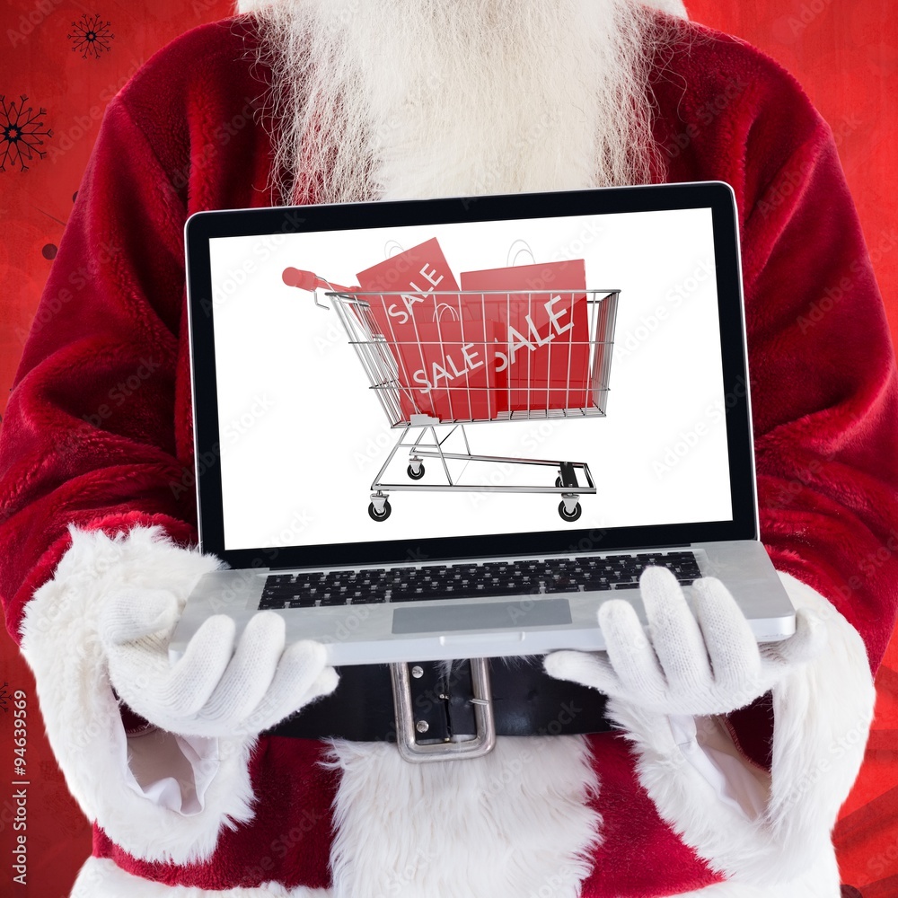 Composite image of santa claus presents a laptop